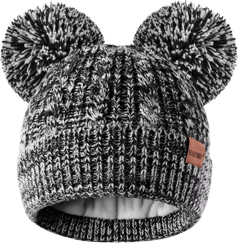 HAITHO Winter Hat for Kids Toddler Children, Girls Beanie with Double Pom Pom Warm Fleece Lined, Girls Accessories Knit Cap - Image 1